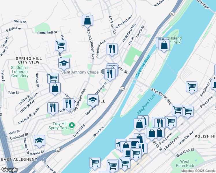 map of restaurants, bars, coffee shops, grocery stores, and more near 1635 Hatteras Street in Pittsburgh