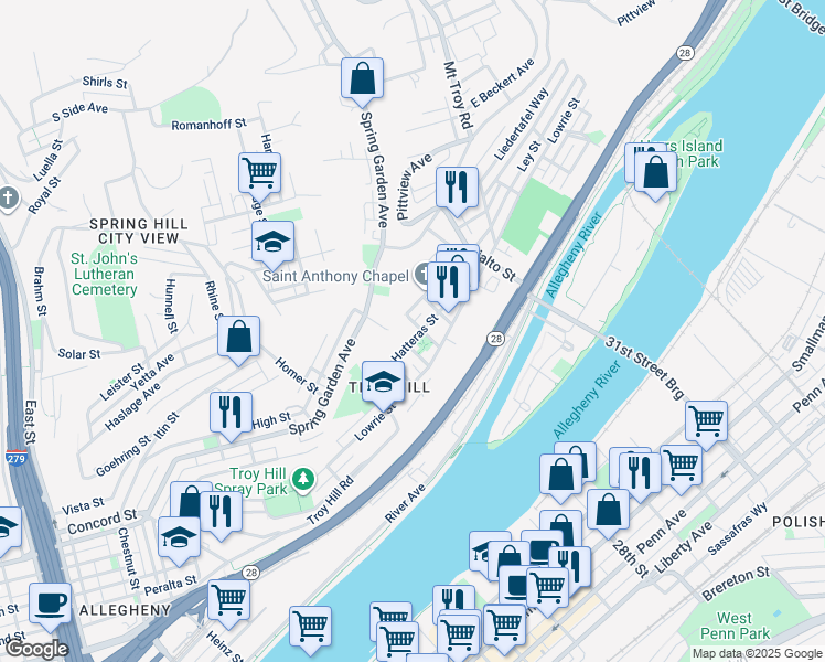 map of restaurants, bars, coffee shops, grocery stores, and more near 1614 Harpster Street in Pittsburgh
