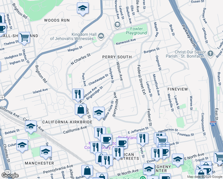 map of restaurants, bars, coffee shops, grocery stores, and more near 2127 Holyoke Street in Pittsburgh