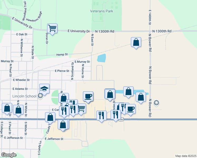 map of restaurants, bars, coffee shops, grocery stores, and more near 1690 East Wheeler Street in Macomb
