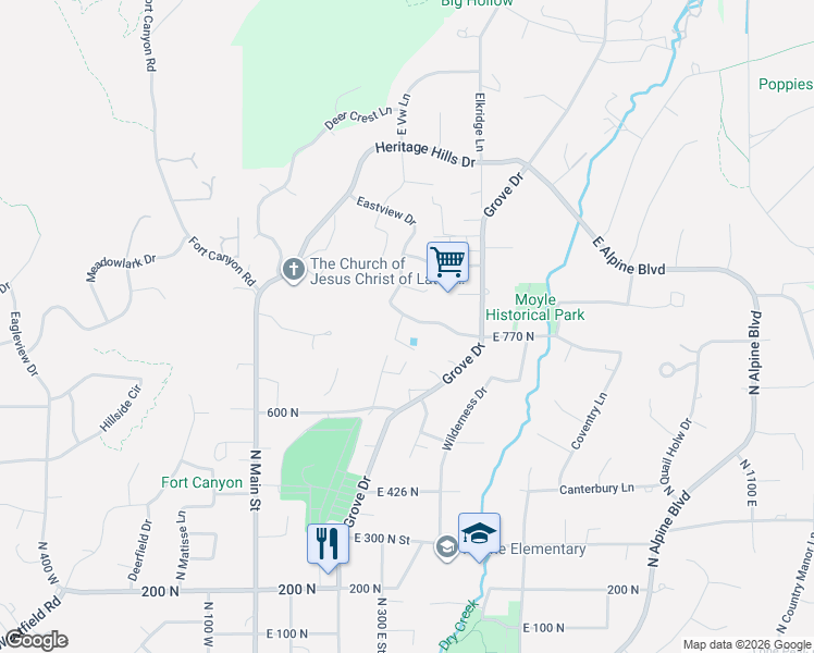 map of restaurants, bars, coffee shops, grocery stores, and more near 358 Eastview Drive in Alpine
