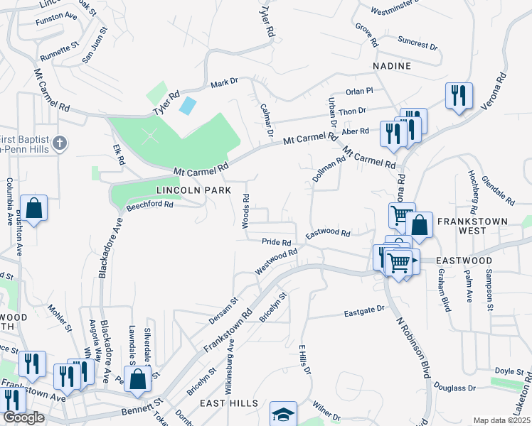 map of restaurants, bars, coffee shops, grocery stores, and more near 8625 Oakcrest Road in Pittsburgh