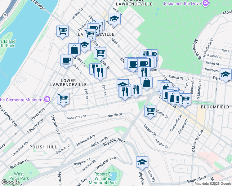 map of restaurants, bars, coffee shops, grocery stores, and more near 411 40th Street in Pittsburgh