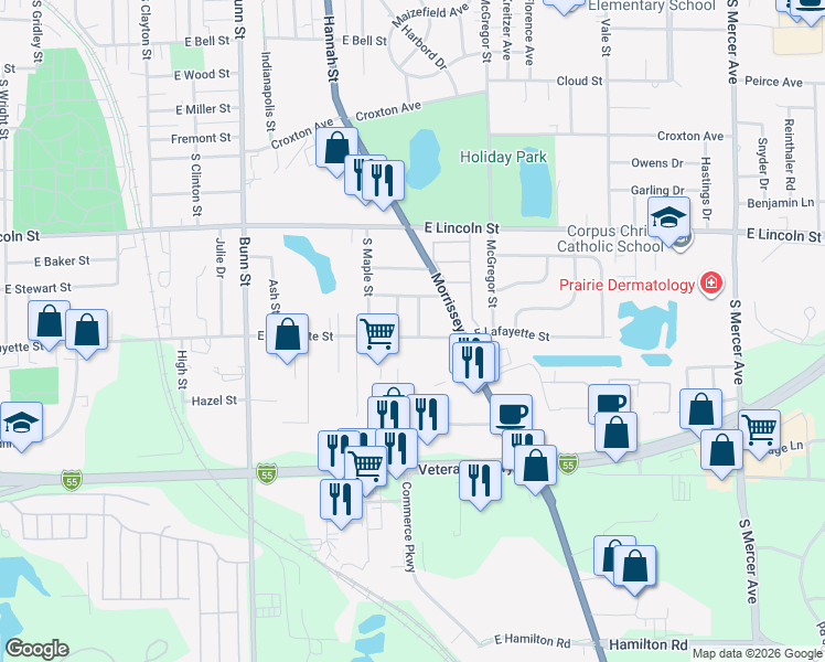 map of restaurants, bars, coffee shops, grocery stores, and more near 6 Linnwood Street in Bloomington