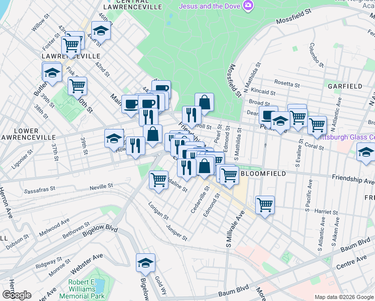 map of restaurants, bars, coffee shops, grocery stores, and more near 4668 Gangwish Street in Pittsburgh