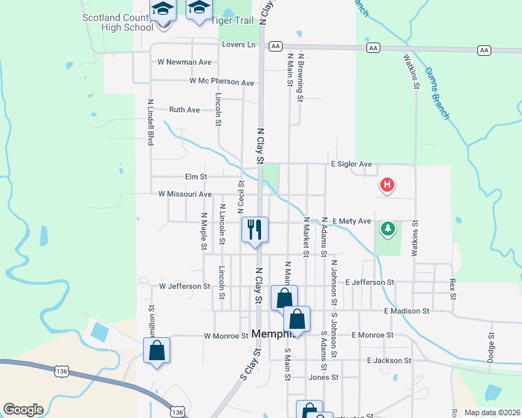 map of restaurants, bars, coffee shops, grocery stores, and more near 400-498 North Clay Street in Memphis