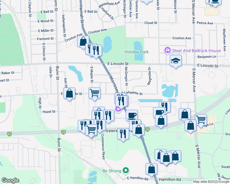 map of restaurants, bars, coffee shops, grocery stores, and more near 1205 Morrissey Drive in Bloomington