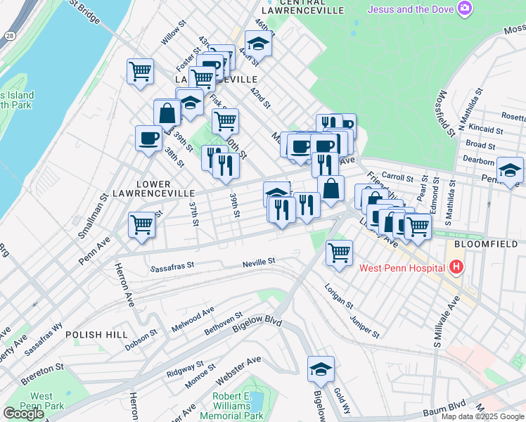 map of restaurants, bars, coffee shops, grocery stores, and more near 411 40th Street in Pittsburgh