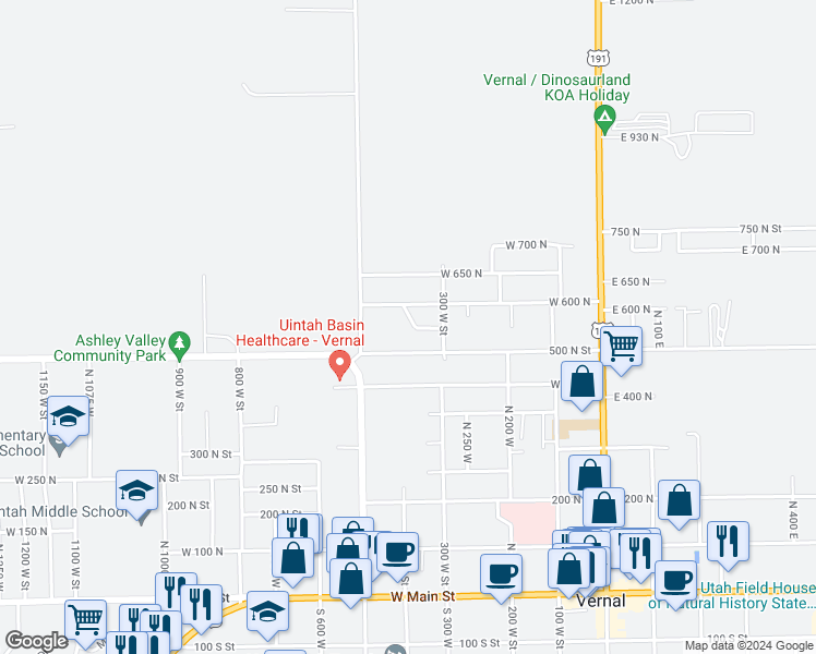 map of restaurants, bars, coffee shops, grocery stores, and more near 381 West Glenbrook Drive in Vernal