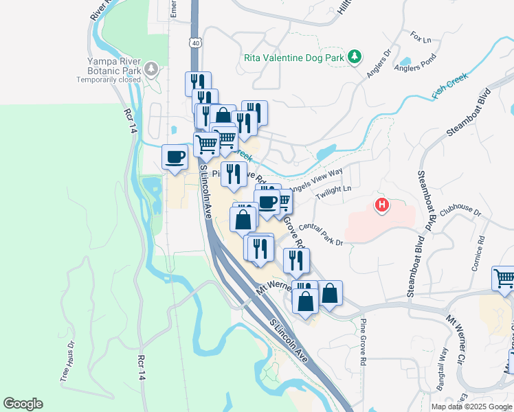 map of restaurants, bars, coffee shops, grocery stores, and more near 500 Ore House Plaza in Steamboat Springs