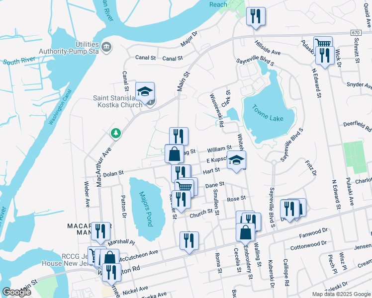 map of restaurants, bars, coffee shops, grocery stores, and more near 174 Main Street in Sayreville
