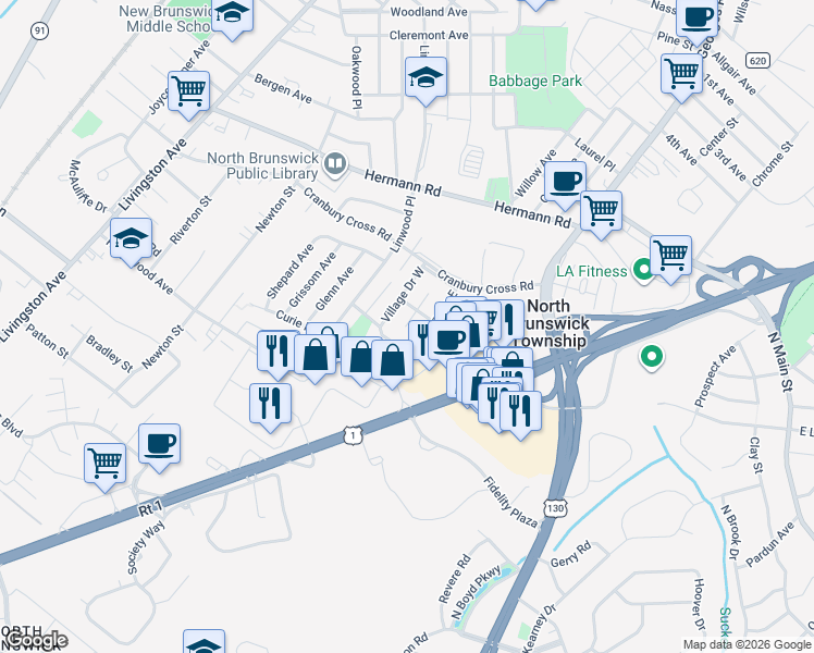 map of restaurants, bars, coffee shops, grocery stores, and more near 948 Village Drive West in North Brunswick Township
