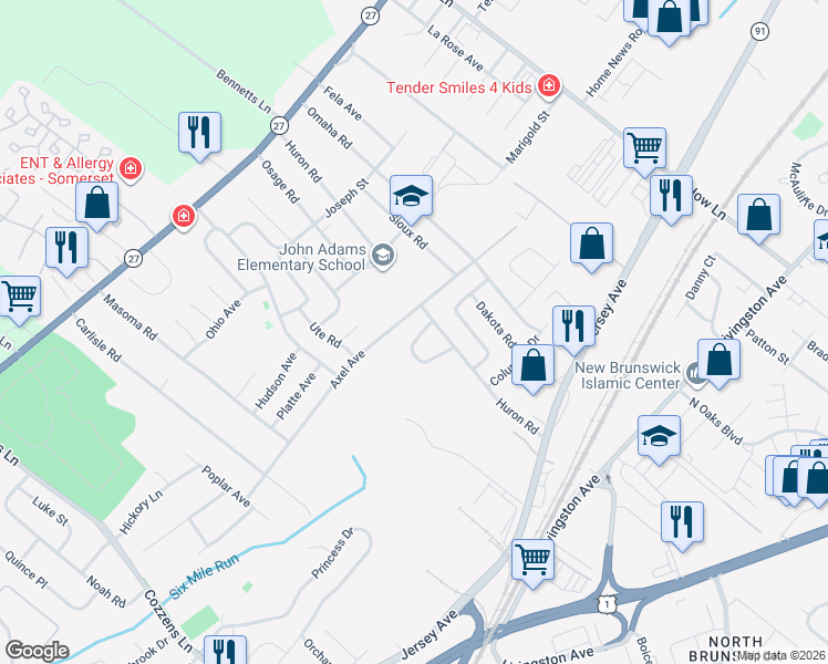 map of restaurants, bars, coffee shops, grocery stores, and more near 1500 North Indian Place in North Brunswick Township