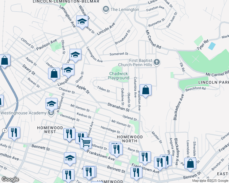 map of restaurants, bars, coffee shops, grocery stores, and more near 1368 Silverton Avenue in Pittsburgh