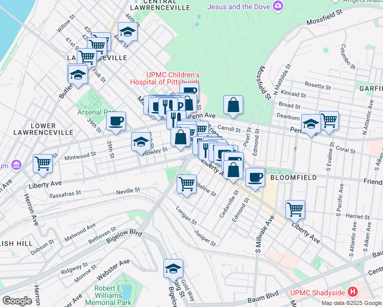 map of restaurants, bars, coffee shops, grocery stores, and more near in Pittsburgh