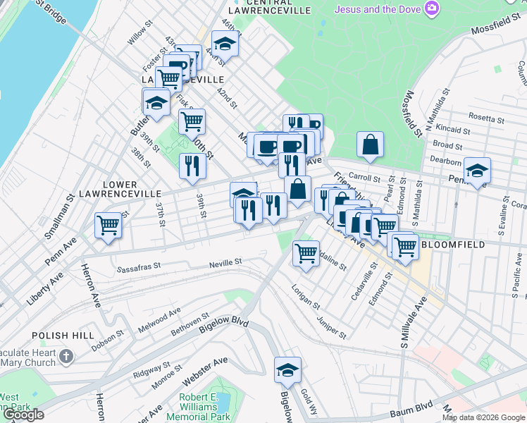 map of restaurants, bars, coffee shops, grocery stores, and more near 4039 Howley Street in Pittsburgh