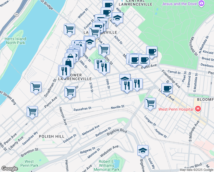 map of restaurants, bars, coffee shops, grocery stores, and more near 3819 Mintwood Street in Pittsburgh