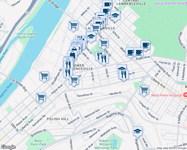 map of restaurants, bars, coffee shops, grocery stores, and more near 3716 Woolslayer Way in Pittsburgh