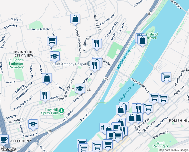 map of restaurants, bars, coffee shops, grocery stores, and more near 1635 Hatteras Street in Pittsburgh