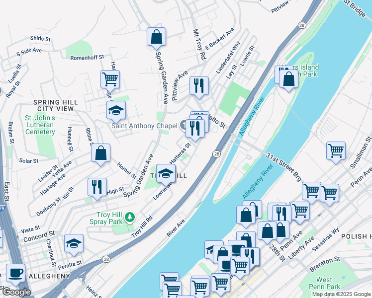 map of restaurants, bars, coffee shops, grocery stores, and more near 1635 Hatteras Street in Pittsburgh