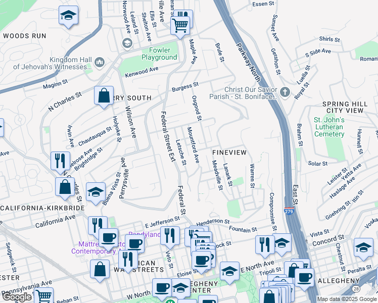 map of restaurants, bars, coffee shops, grocery stores, and more near 2016 Letsche Street in Pittsburgh