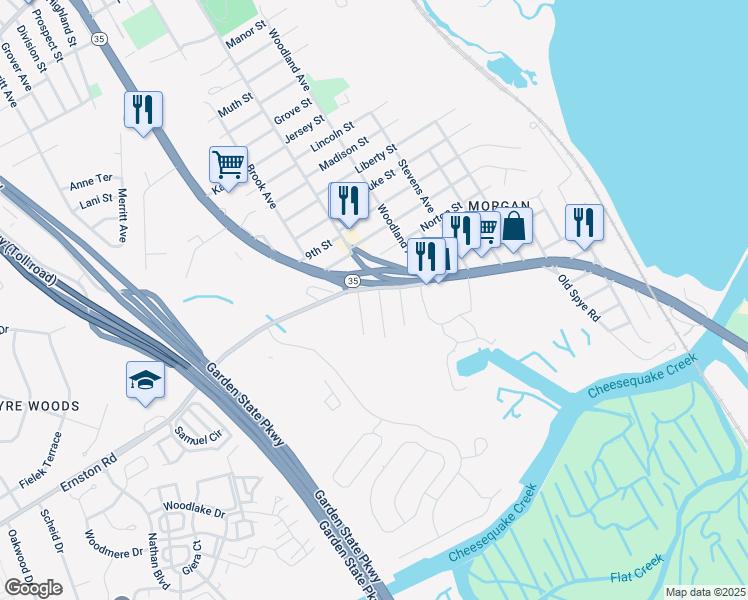 map of restaurants, bars, coffee shops, grocery stores, and more near 364 Lorraine Avenue in South Amboy