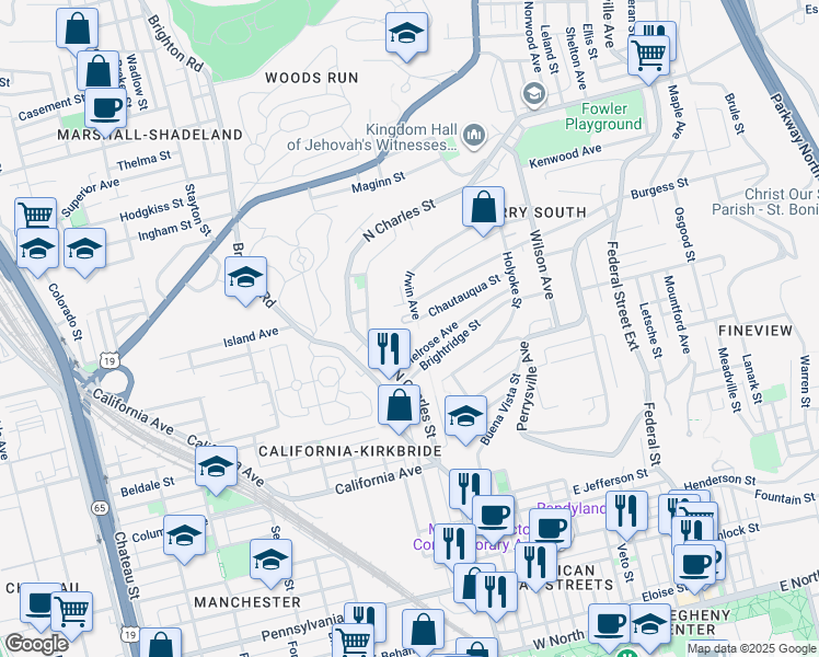 map of restaurants, bars, coffee shops, grocery stores, and more near 711 Chautauqua Street in Pittsburgh