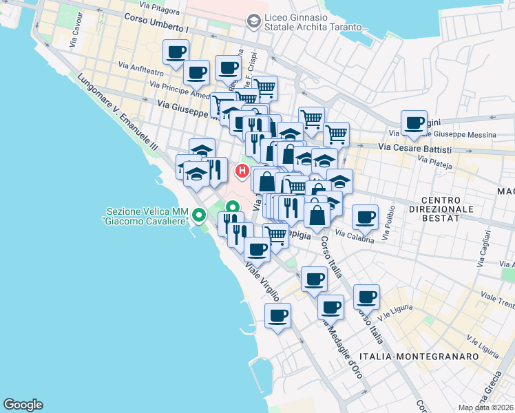 map of restaurants, bars, coffee shops, grocery stores, and more near 61 Via Tito Minniti in Taranto