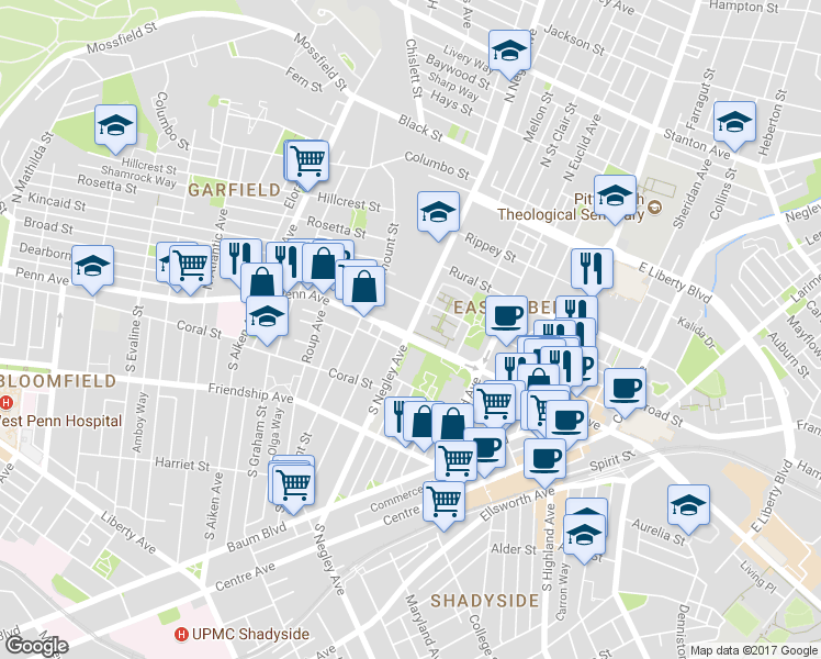 map of restaurants, bars, coffee shops, grocery stores, and more near 117 North Negley Avenue in Pittsburgh