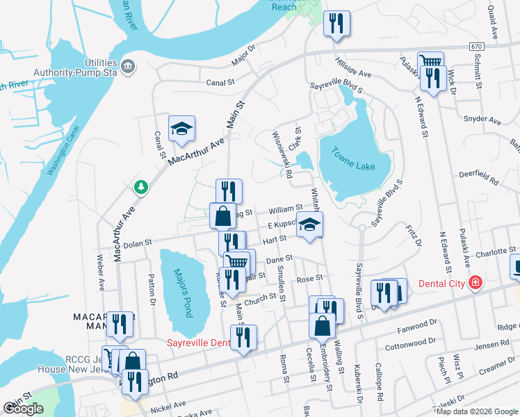 map of restaurants, bars, coffee shops, grocery stores, and more near 3 William Street in Sayreville