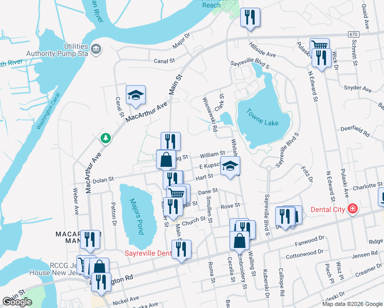 map of restaurants, bars, coffee shops, grocery stores, and more near 3 William Street in Sayreville