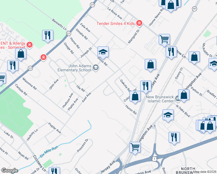 map of restaurants, bars, coffee shops, grocery stores, and more near 1500 North Indian Place in North Brunswick Township