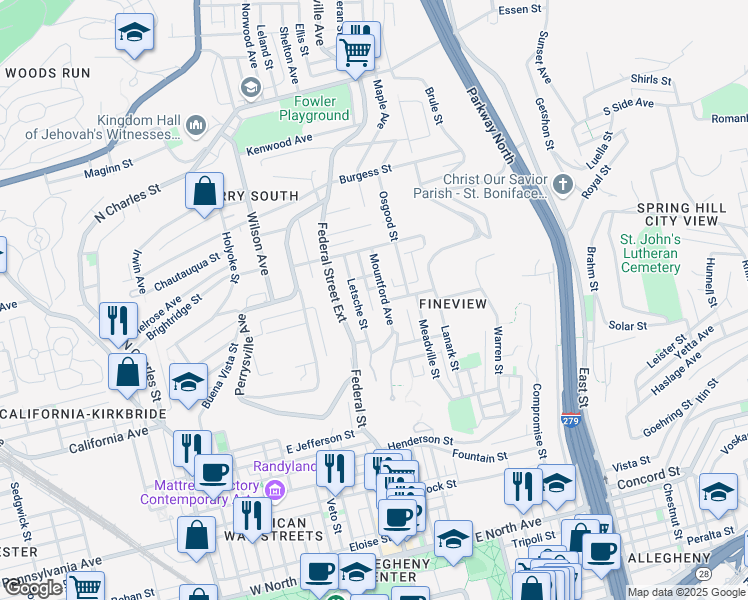 map of restaurants, bars, coffee shops, grocery stores, and more near 2016 Letsche Street in Pittsburgh