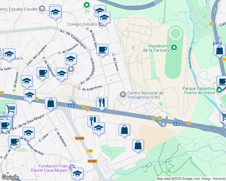map of restaurants, bars, coffee shops, grocery stores, and more near 14-28 Calle de Argentona in Madrid