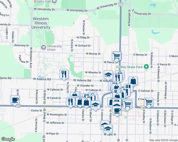 map of restaurants, bars, coffee shops, grocery stores, and more near 414 West Wheeler Street in Macomb