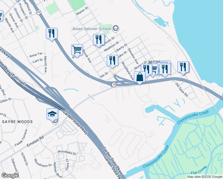 map of restaurants, bars, coffee shops, grocery stores, and more near 400 Lorraine Avenue in South Amboy