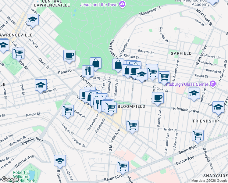 map of restaurants, bars, coffee shops, grocery stores, and more near 236 South Mathilda Street in Pittsburgh