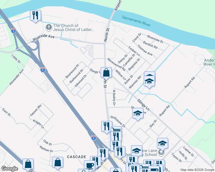 map of restaurants, bars, coffee shops, grocery stores, and more near 2890 North Bailey Drive in Anderson