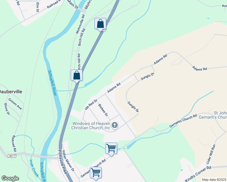map of restaurants, bars, coffee shops, grocery stores, and more near 264 Ida Red Drive in Leesport