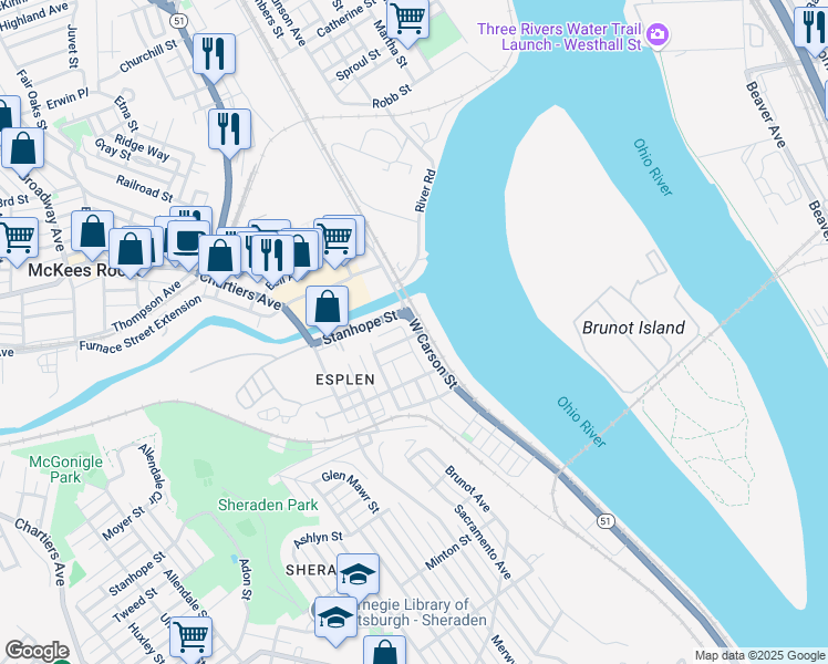 map of restaurants, bars, coffee shops, grocery stores, and more near 3401 West Carson Street in Pittsburgh