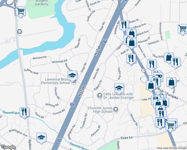 map of restaurants, bars, coffee shops, grocery stores, and more near 15 Sherry Road in East Brunswick