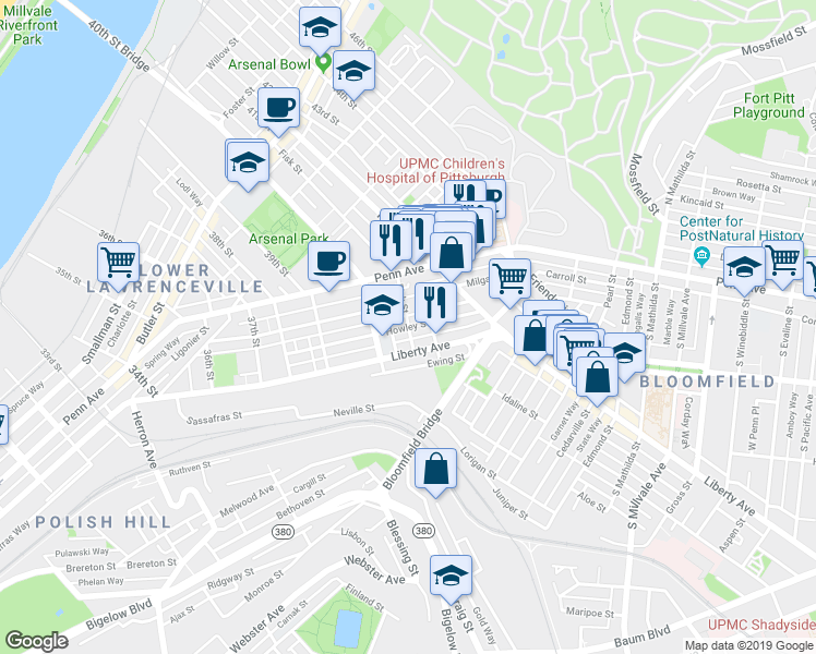 map of restaurants, bars, coffee shops, grocery stores, and more near Fisk Street & Howley Street in Pittsburgh