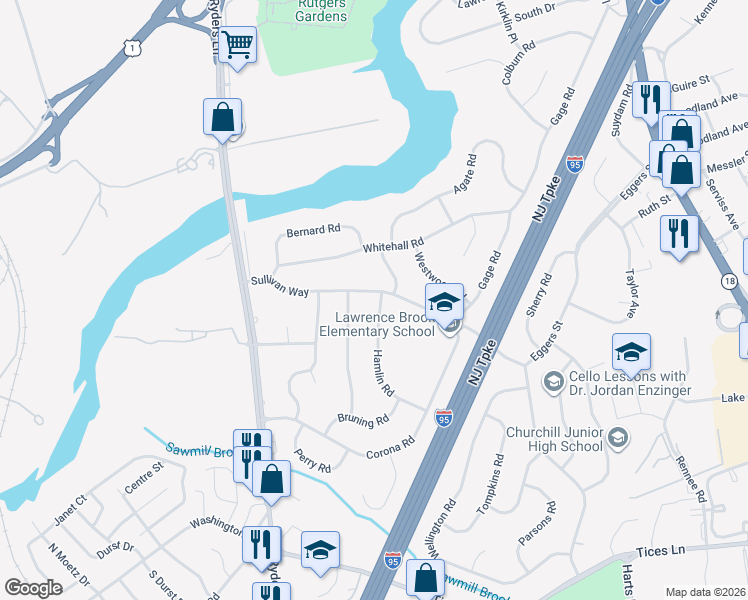 map of restaurants, bars, coffee shops, grocery stores, and more near 28 Sullivan Way in East Brunswick