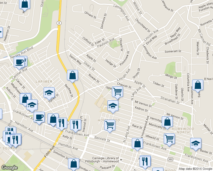 map of restaurants, bars, coffee shops, grocery stores, and more near in Pittsburgh