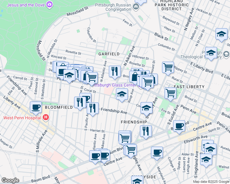 map of restaurants, bars, coffee shops, grocery stores, and more near 119 South Aiken Avenue in Pittsburgh