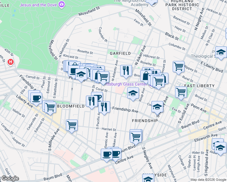 map of restaurants, bars, coffee shops, grocery stores, and more near 117 South Atlantic Avenue in Pittsburgh