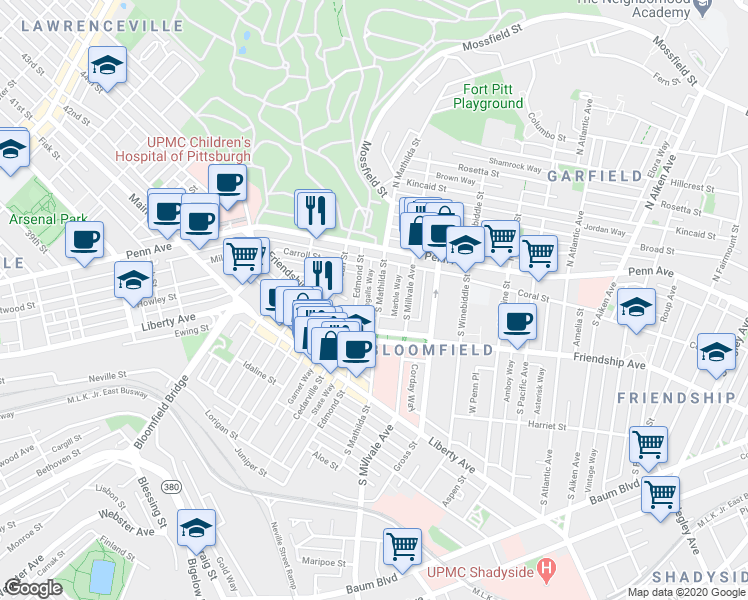map of restaurants, bars, coffee shops, grocery stores, and more near 236 South Mathilda Street in Pittsburgh