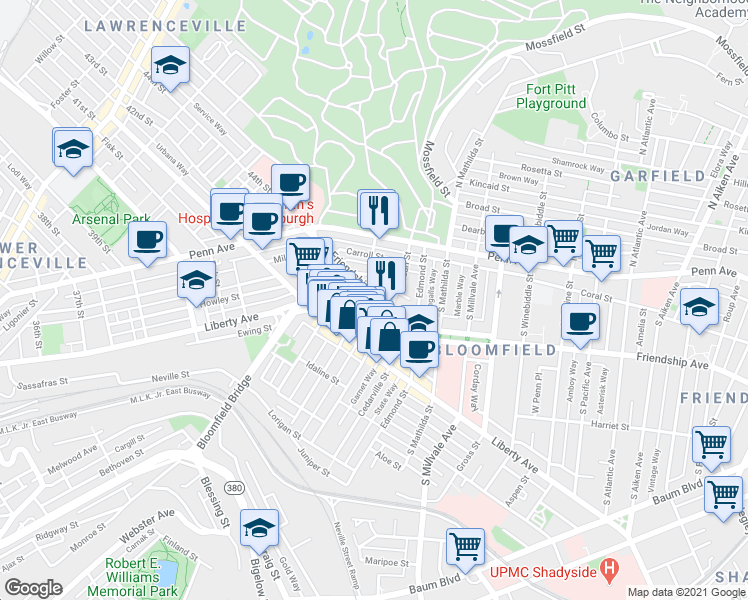 map of restaurants, bars, coffee shops, grocery stores, and more near 4618 Friendship Avenue in Pittsburgh