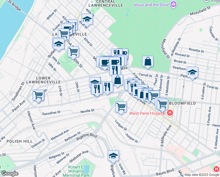 map of restaurants, bars, coffee shops, grocery stores, and more near 4072 Howley Street in Pittsburgh
