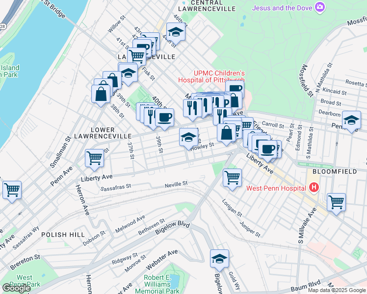 map of restaurants, bars, coffee shops, grocery stores, and more near 411 40th Street in Pittsburgh